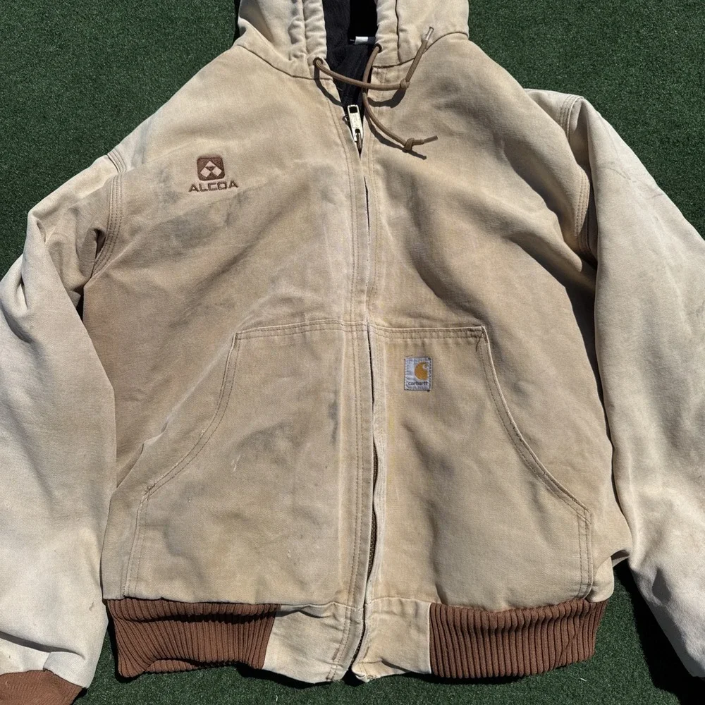Mens Carhartt Washed Duck Canvas Hoodie Jacket Large Tan